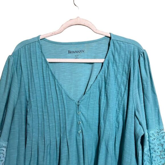 Roamans Top Womens 22 24 1X Blue Pintucked Lace Hem V Neck Stretch Blouse Ladies - Picture 2 of 8
